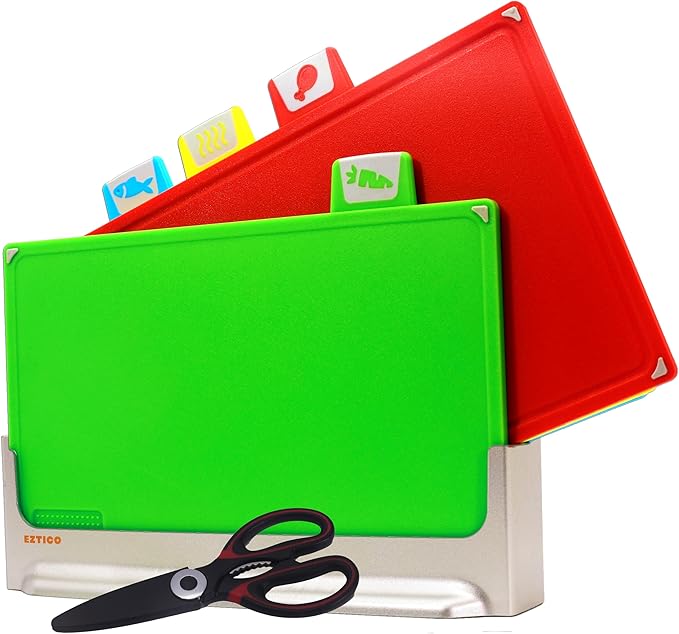 Cutting Board Set: 4-Piece Color-Coded, Non-Slip, BPA-Free, Perfect kitchen essentials for new home, Dishwasher Safe with Premium Scissors and Chopping Board Organizer, Quality kitchen stuff.