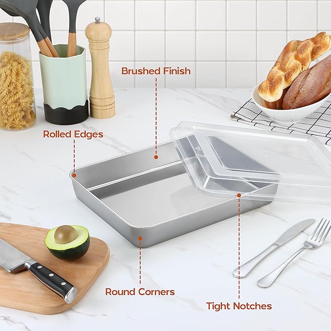 Baking Pan with Lid, Stainless Steel Lasagna Rectangle Cake Browinie Pan, 9¾ x 12½ x 2 Inch, Set of 3