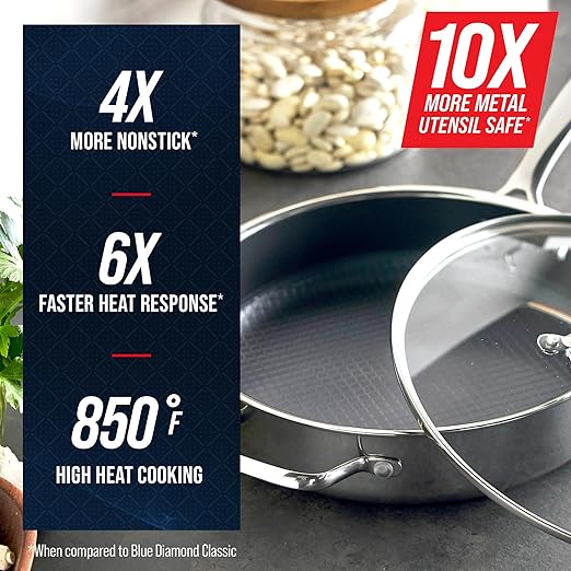 Blue Diamond Hybrid Nonstick Stainless Steel 4QT Saute Pan with Glass Lid, PFAS-Free Ceramic Diamond Bond, Deep Jumbo Skillet, Induction Ready, Dishwasher & Metal Utensil Safe, Stay-Cool Handle