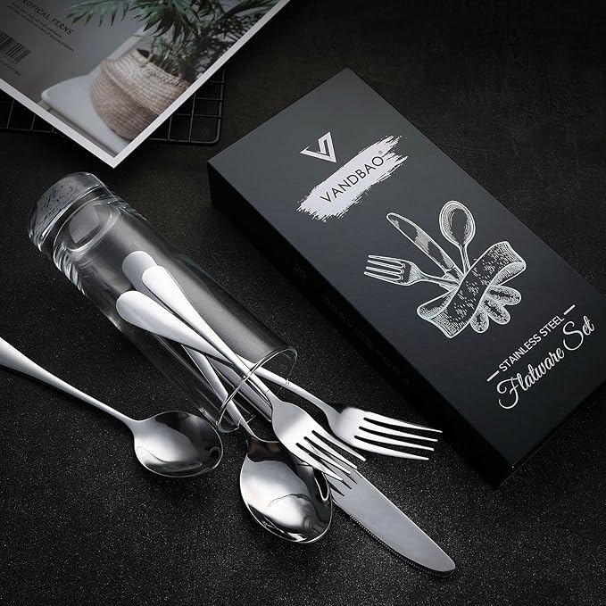 VANDBAO Silver Flatware Cutlery Silverware Set 20 Pieces, Stainless Steel Colorful Utensils, Tableware Set Service for 4, Include Knife/Fork/Spoon, Reusable, Mirror Polished, Dishwasher Safe