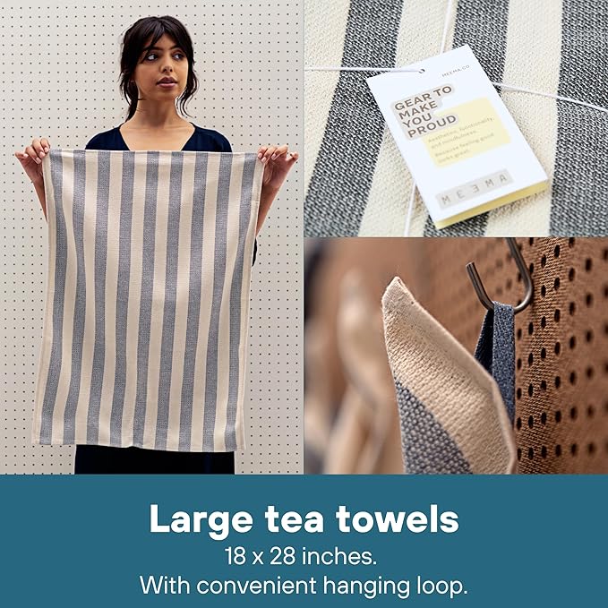 MEEMA Kitchen Towels and Dishcloths Sets of 6 | Large 18 x 28 Inch | Upcycled Cotton Tea Towel | Super Absorbent Cotton Dish Towels for Kitchen | Sage Green Stripes | Hand Towels