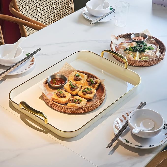 Set of 3 Serving Platters with Handles 16.5/15/13.2 Inch Large Party Serving Trays, Reusable Rectangular White Plastic Trays for Food, Dinner, Cookie, Cake, Turkey, Cheese, Fruit, Appetizer