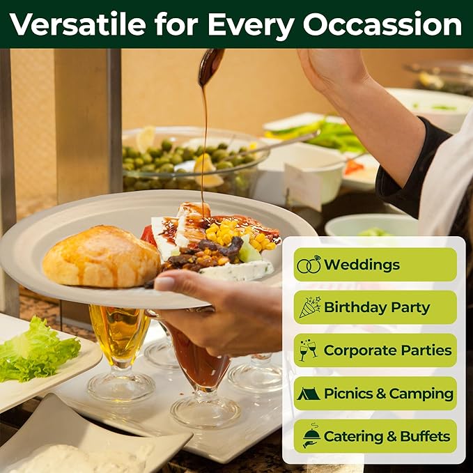 Dtocs Bamboo Fiber Plates 10 Inch Round (50 Pcs) | Bamboo Plate Disposable Dinnerware Set for Party, Dinner, BBQs, Wedding | Sustainable Platter for Hot, Cold Food | Alt to Plastic, Wood, Paper Plates