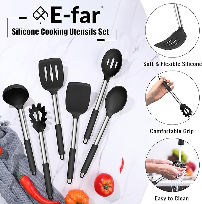 E-far 14 Pieces Silicone Cooking Utensils Set, Kitchen Utensils Set with Holder, Spatula, Ladle, Spoon, Tong, Slotted Turner for Nonstick Cookware, Heat Resistant & Stainless Steel Handle, Black