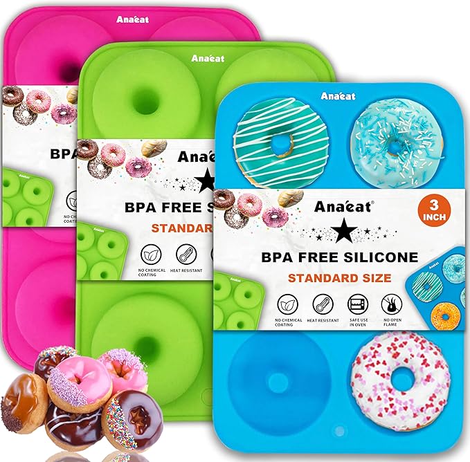 Anaeat 3 Pack Donut Pan Silicone Baking Mold, Just Pop Out! Non-Stick Doughnuts Baking Pans BPA Free for 6 Full-Size Donuts, Muffin, Cake Biscuit Bagels - Oven & Dishwasher Safe (Multicolor)