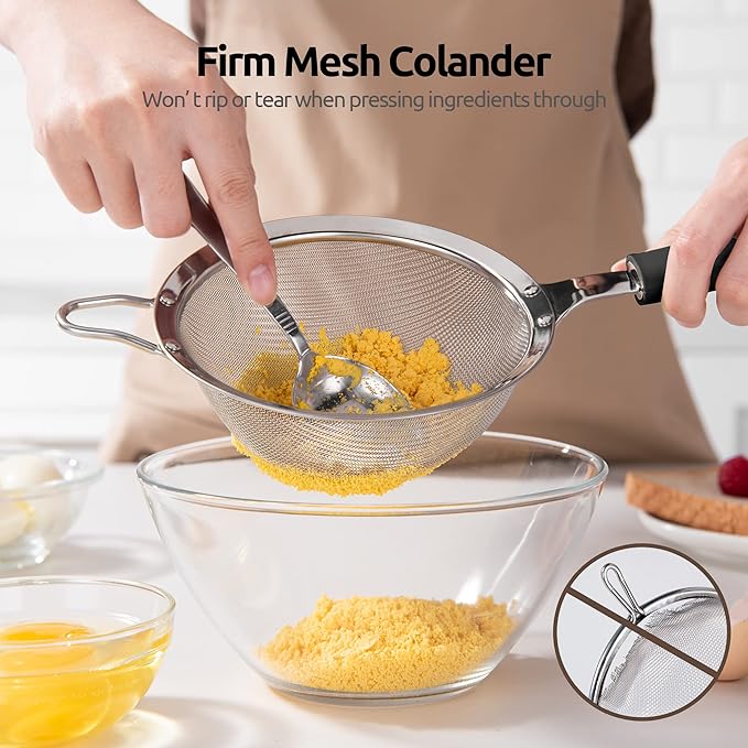 18/8 Stainless Steel Mesh Strainer: U-Taste 5.5 Inch Kitchen Fine Mesh Sieve Food Colander with Riveted Sturdy Silicone Handle and 30 Mesh Hole for Straining Flour, Pasta, Fruit, Quinoa (Black)