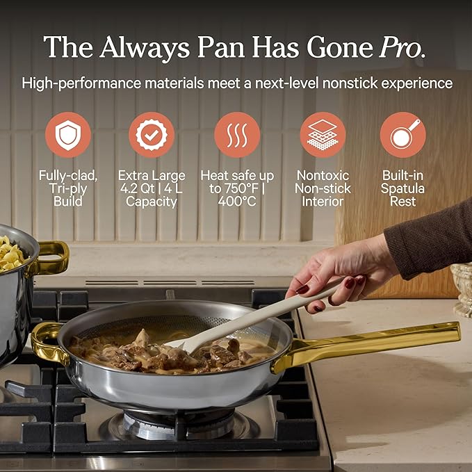 Our Place Titanium Large Always Pan Pro - 12.5” (4.2 Qt) No-Coating Nonstick Skillet | Tri-Ply Titanium & Stainless Steel | Safe for Oven, Induction & Cooktops up to 750°F | Includes Spatula | Gold