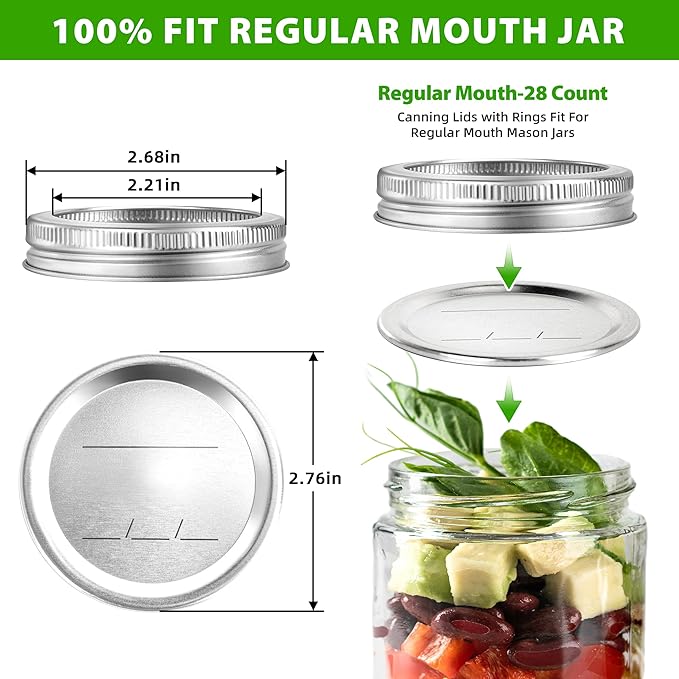 56PCS Canning Lids with Rings For Mason Regular Mouth, Jars Lids With Rings/Bands Mason Jars For Canning Food Fruits DIY Food Grade Material(70mm, 28Lids + 28Rings for Regular Mouth Jar)