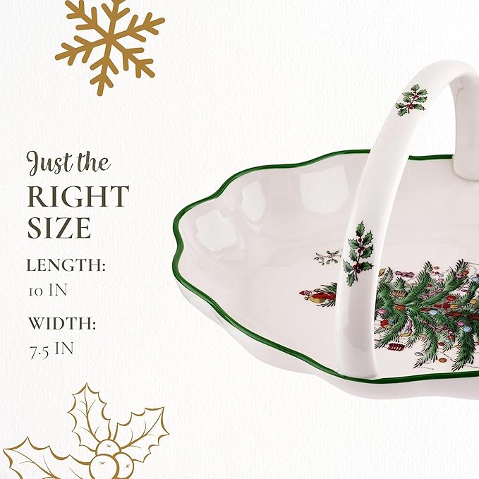 Spode Christmas Tree Oval Breadbasket, 10 Inch Handled Bowl for Fruit, Bread, Cookies - Fine Earthenware Gift, Festive Tabletop Holiday Serveware & Seasonal Decor, Dishwasher Safe Tableware