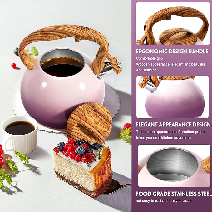 GGC Tea Kettle for Stove Top, 3.1QT/3L Whistling Tea Kettles for Boiling Water Coffee or Milk, Purple Tea Pot with Wood Parttern Handle, Stainless Steel Tea Pot for Home and Kitchen