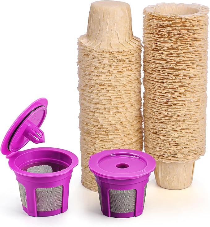2 Pack Reusable K Cups with 200 Count Natural Disposable Coffee Paper Filters, Compatible with Single Serve Coffee Pods Coffee Maker