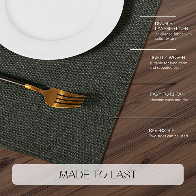 Romanstile Cloth Placemats Set of 6-12 x 18 Inch, Heat Resistant Double Layered Thickened Burlap Place Mats, Washable Faux Linen Farmhouse Table Mats for Kitchen/Dining/Party/Outdoor, Dark Grey