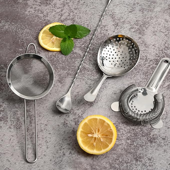 Cocktail Strainer Set – Bar tools Stainless Steel Includes Hawthorne Strainer, Julep & Fine Mesh Cocktail Strainers, Mixing Spoon – Drink Shaker Strainer for Bartending