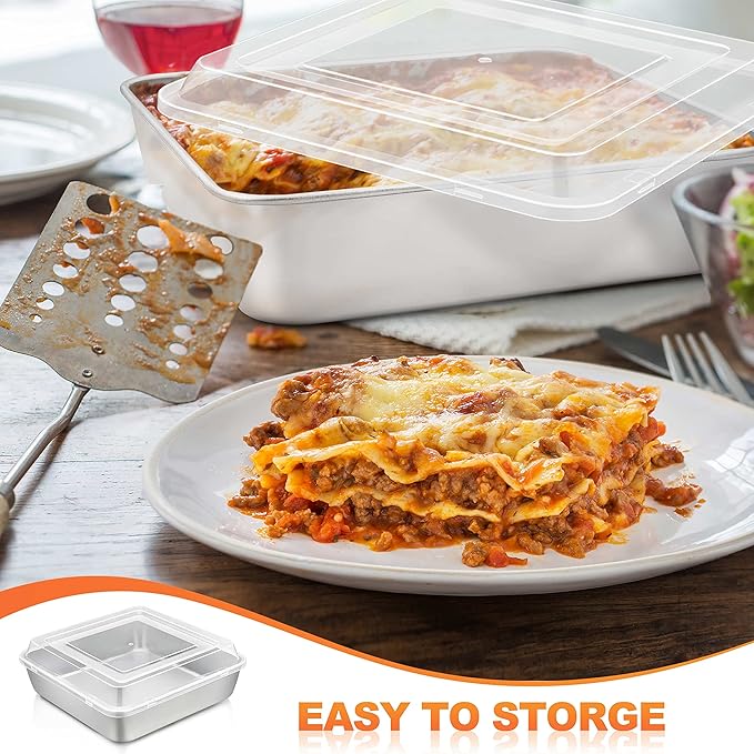 Herogo 8”x 8” Baking Pan, Stainless Steel Square Cake Pan with Lid, Cakes Brownie Lasagna Square Bakeware Set, Healthy & Dishwasher Safe