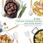 E-far Silicone Cooking Utensils Set, 5-Piece Kitchen Utensils Set with Wooden Handle for Cooking, Silicone Kitchen Nonstick Tools Spatula Turner Slotted Spoons, Nontoxic & Heat Resistant-White