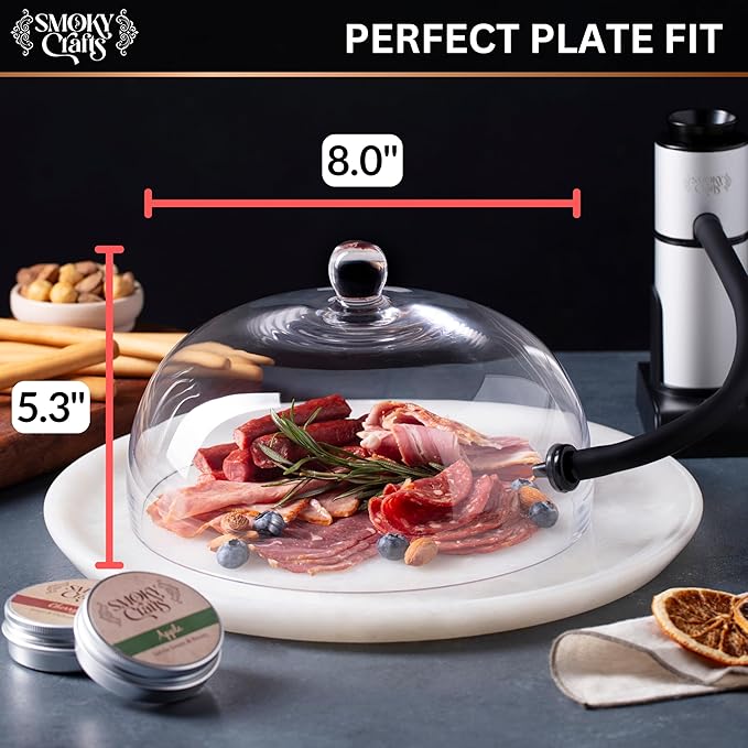 Food and Drink Smoker Kit with Smoke Gun, 8" Smoking Cloche Glass Dome, Acacia Cocktail Smoke Top and Wood Chips (Apple & Cherry) - Whiskey Smoker Kit - Gifts for Men