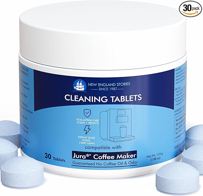 New England Stories Jura Compatible Cleaning Tablets - 30 Count for All Jura Coffee Machines For Cleaning Internal Parts, Hard-to-Reach Areas, Keep Your Espresso Equipment in Top Condition