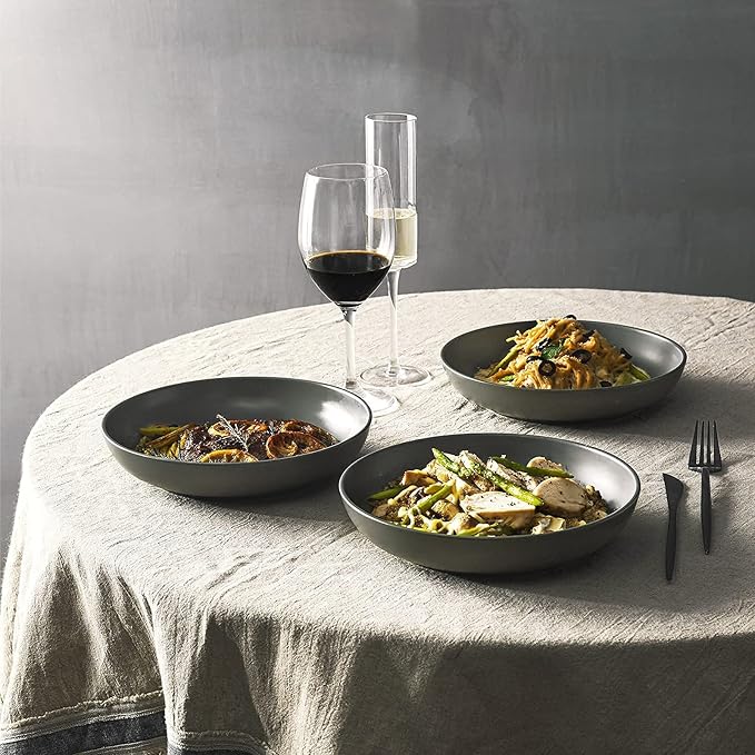 Y YHY Pasta Bowls Set of 6, Large Salad Serving Bowls, Porcelain Soup Bowls 30 Ounces, Wide and Flat, Microwave Dishwasher Safe, Matte Grey