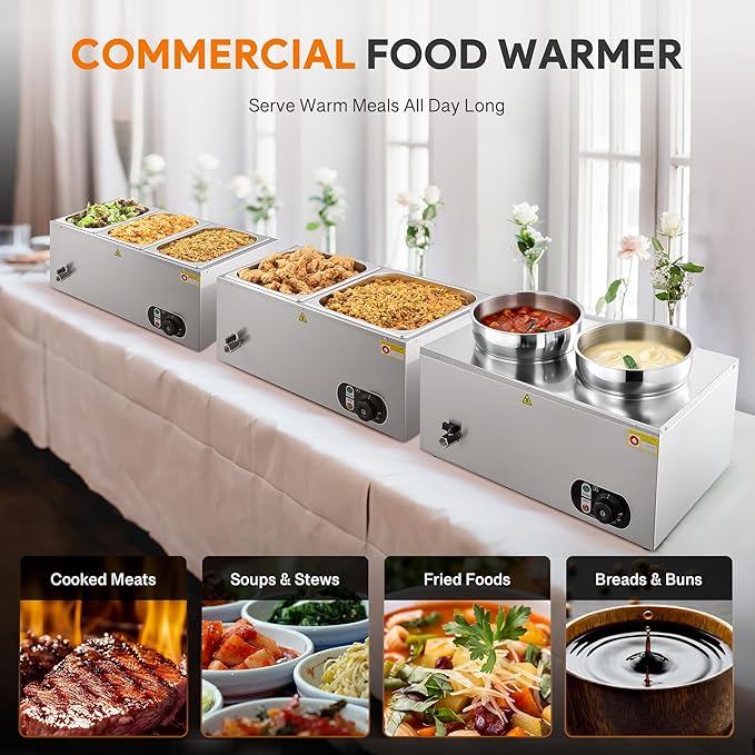 WILPREP Commercial Food Warmer with Two 7.4 QT Inserts, 1500W Countertop Electric Steam Table, 86-185°F Adjustable Temp Control & Over-Temp Protection, Stainless Steel