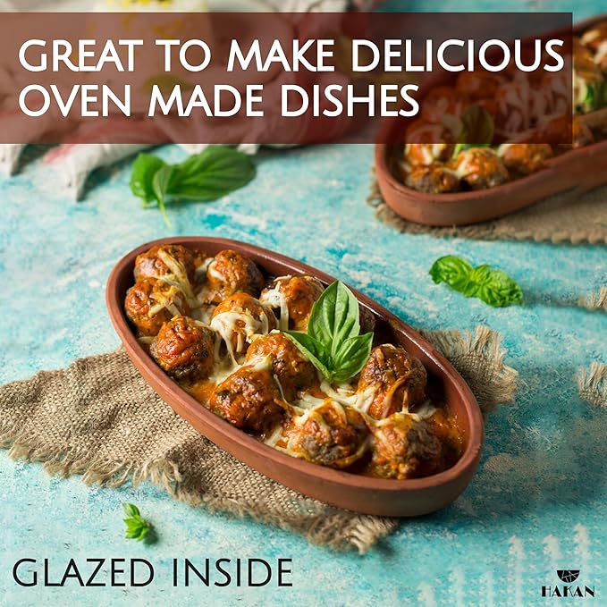 Hakan Bergama Handmade Oval Clay Pan Set of 2 | Terracotta Pans Glazed Inside | Casserole Dishes for Oven Baking | Traditional Earthenware Clay in Box, Large, 6.2 x 11.6 x 1.5-inch 25.3 Oz (750 cc)