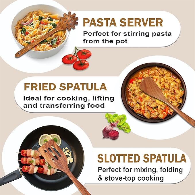 Wooden Spoons for Cooking Utensils, Natural Teak Wooden Cooking Spoons with Nonstick Spatula Set, Bamboo Kitchen Utensils With Holder, Wood Spoon Set for Kitchen Essentials (9)