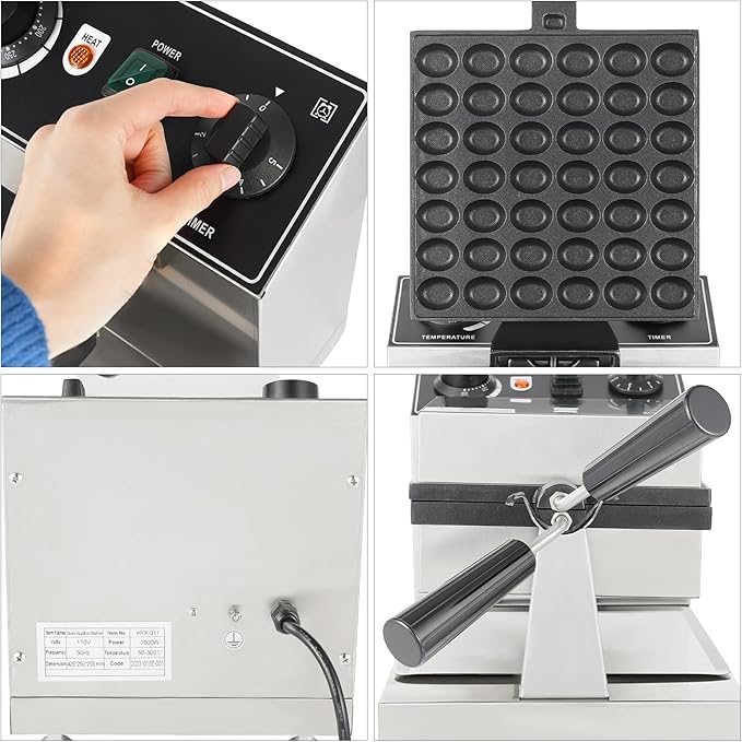 1200W Commercial Mini Pancake Maker, 42 Grids Electric Waffle Maker Non-Stick Stainless Steel Belgian Waffle Iron w/Time & Temper Adjustable|180° Rotating, Large Waffle Machine for Restaurant
