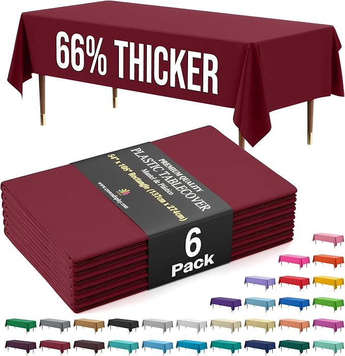 Exquisite 66% Thicker Premium Plastic Table Cloth Rectangle Table Cover 0.5 Mil 6 Pack Burgundy Table Cloth 54 Inch x 108 Inch Disposable Tablecloth Won't Tear Easily Like Cheap Thin Brands