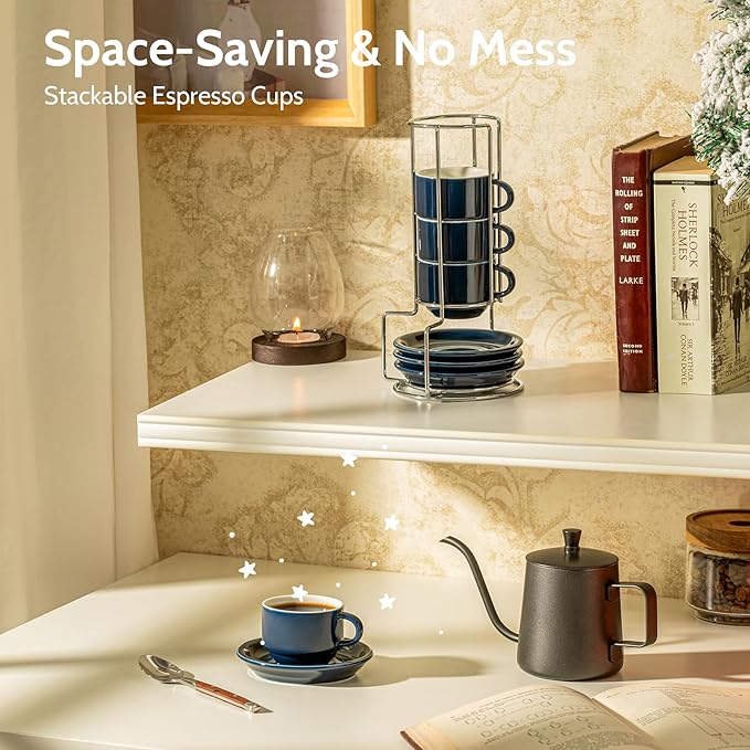 Sweese 4 Ounce Porcelain Stackable Espresso Cups with Saucers and Metal Stand Set of 4, Navy