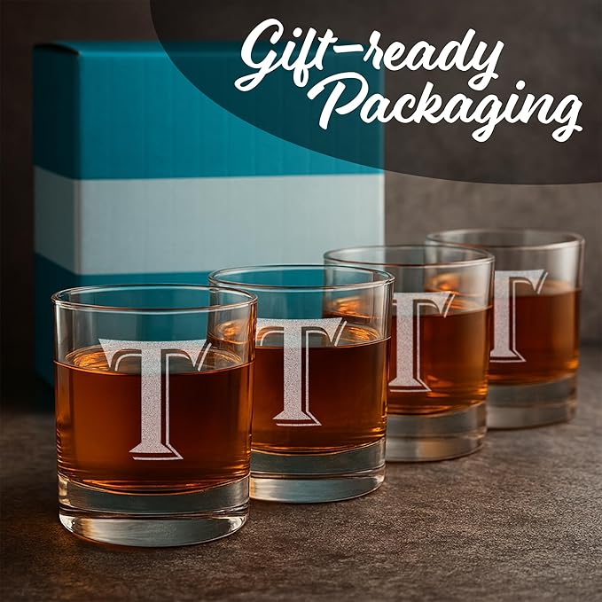 (T-Monogram)- 4 Piece Set of 11 Ounce Engraved Heavy Base Rocks Glasses Elegant Glass-Multi-Purpose Beverage-Rocks Glass- Gift for any Occasion- By: On The Rox