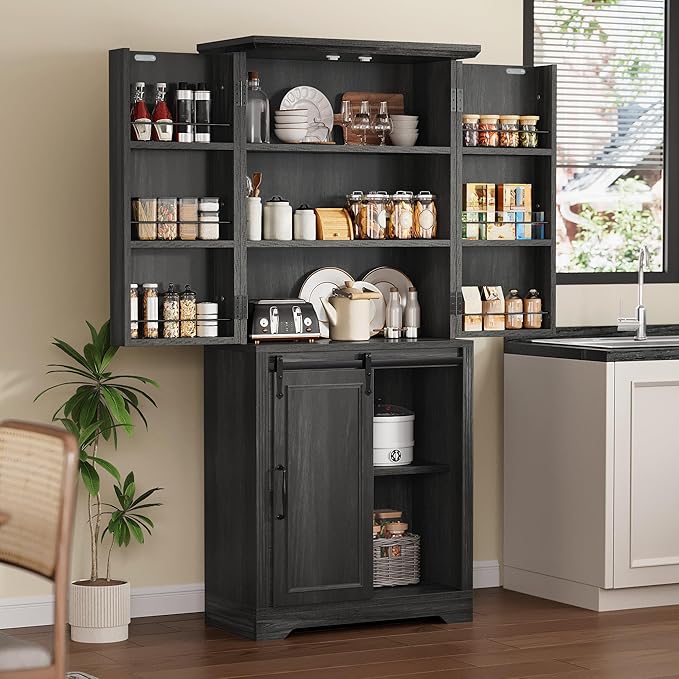 YITAHOME Pantry Cabinet, 71-Inch Tall Freestanding Storage Cabinet with 4 Drawers, Farmhouse Cupboard with Doors Storage, Adjustable Shelves, for Living Room, Dining Room, Gray Oak