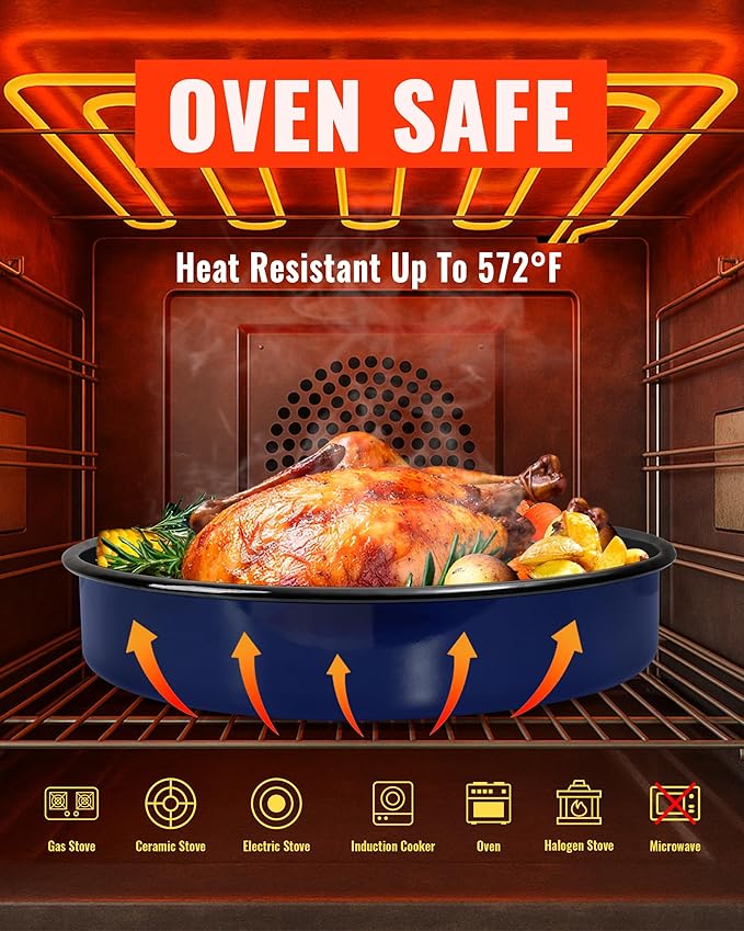 Baking Pans Set Round Roasting Dish 4-Pack 9/10/12/14 Inch Enamel Non Stick Large Bakeware for Cake Bread Pie Pizza Turkey Steak, Non-Toxic Oven Dishwasher Safe Christmas Cookware