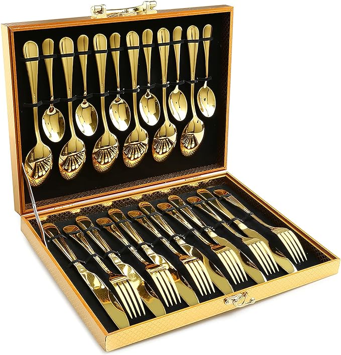 Gold Silverware Set, OGORI 24-Piece Gold Forged Stainless Steel Flatware Set, Service of 6