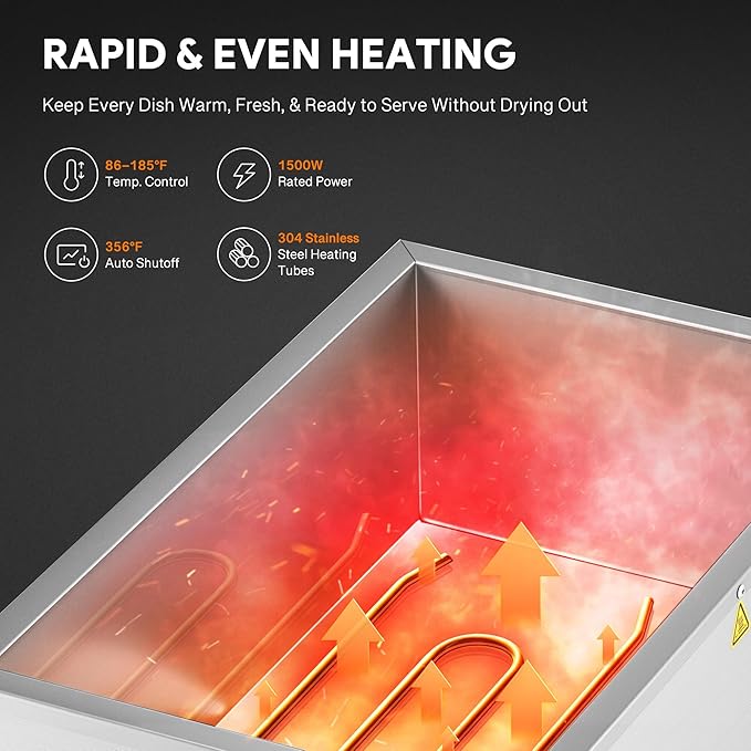 WILPREP Commercial Food Warmer, 1500W Countertop Electric Warmer with 86-185°F Adjustable Temp Control & Over-Temperature Protection, Stainless Steel Buffet Bain Marie for Catering Restaurants