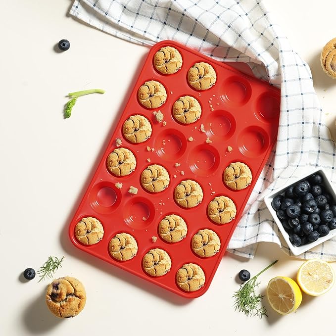 2 Pack 24 Cups Silicone Mini Muffin Pan with Metal Reinforced Frame Silicone Molds Cupcake Cake Baking Cheesecake Pans Cookie Baking Chocoflan Cupcake Mold Mini Bundt Cake Pan Women Gift