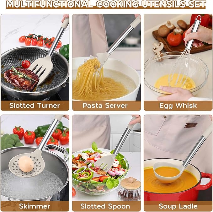 Silicone Cooking Utensils Set of 15, Kitchen Utensils Set with Holder for Nonstick Cookware, 446°F Heat Resistant Stainless Steel Handle - Khaki