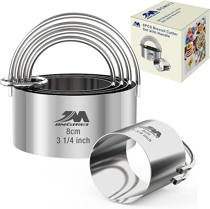 5 Pieces Circle Biscuit Cutter,Professional Stainless Steel Round Cookies Mold Tool with Handle for Baking GIFT Package
