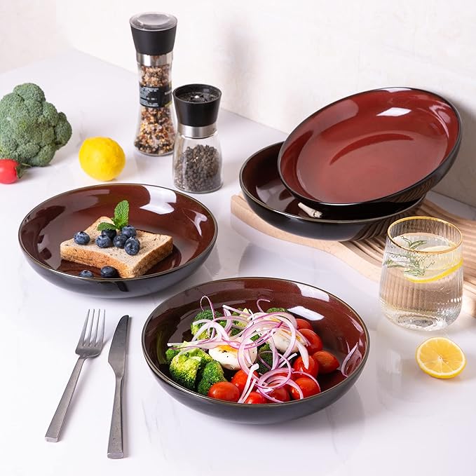 LERATIO Large Pasta Bowls,38oz Ceramic Pasta Bowls,9.0" Reactive Glaze Pasta Bowl Set of 4,Microwave & Dishwasher,Oven Safe,Wide Serving Bowls for Salad,Dessert,Fruit-Reddish Brown