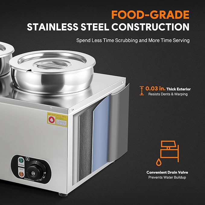 WILPREP Commercial Food Warmer with Two 7.4 QT Inserts, 1500W Countertop Electric Steam Table, 86-185°F Adjustable Temp Control & Over-Temp Protection, Stainless Steel