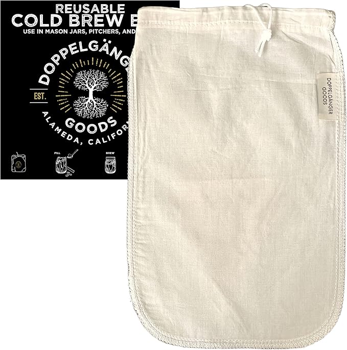 (1-Pack, Medium 8in x 12in) Organic Cotton Cold Brew Coffee Bag - Designed in California - Reusable Coffee Filter with EasyOpen Drawstring Cold Brew Maker for Pitchers, Mason Jars, & Toddy Systems