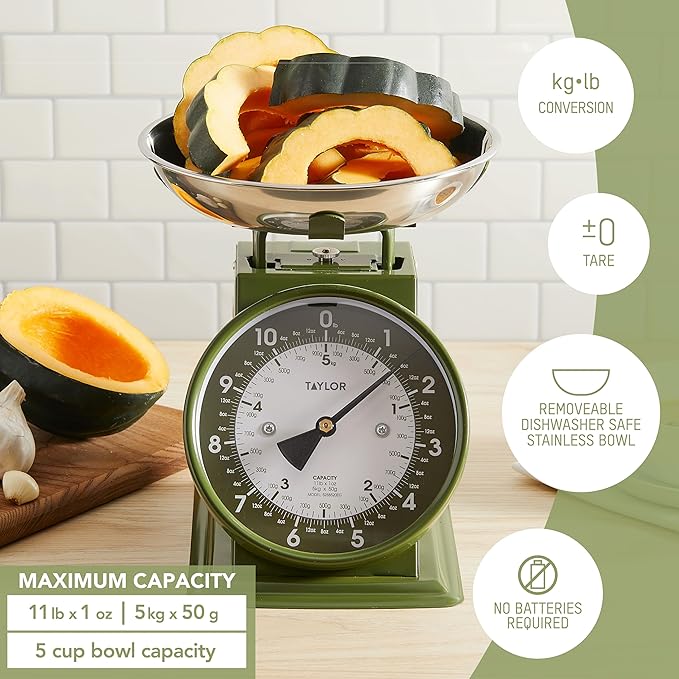 Taylor Mechanical Kitchen Weighing Food Scale with Bowl, Weighs up to 11lbs, Measures in Grams and Ounces, Food Scales for Kitchen, Green