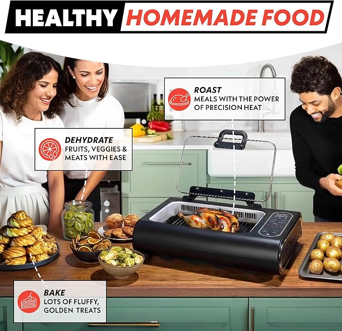Gourmia Smokeless Indoor Grill & Air Fryer with Recipe Book – Electric Grill for Indoor Use, 5‑in‑1 Countertop Cooker, Cast-Iron Grate, 1650W, Glass Lid, Dishwasher-Safe Plates