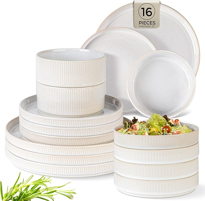 TheTerra Ceramic Dinnerware Sets with Pasta Bowls for 4, 16 Pieces Porcelain Lightweight Plates and Bowls Sets, Scratch Resistant Dish Set, Oven & Microwave & Dishwasher Safe, Reactive White