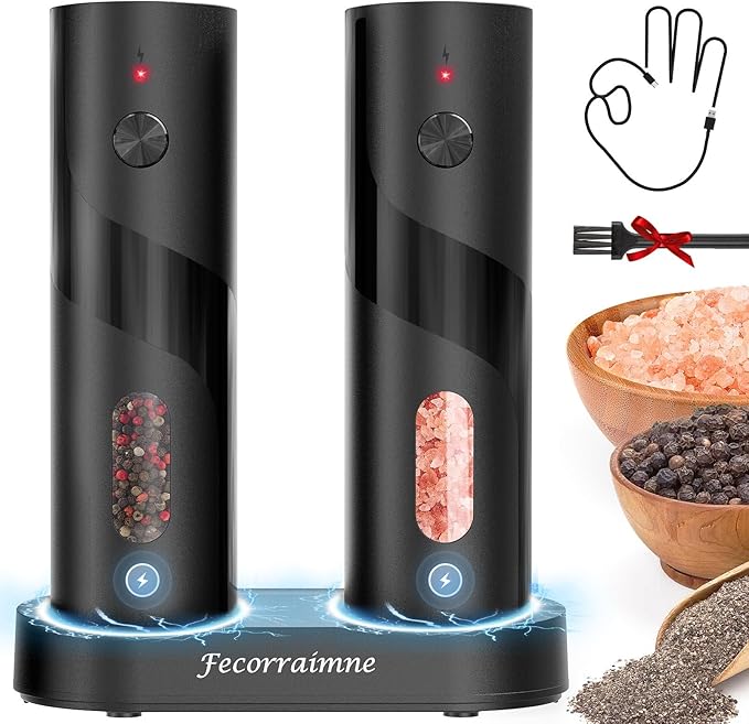 Electric Salt and Pepper Grinder Set,USB Rechargeable Automatic Grinder,Top-Refill Pepper Mill Grinder with Charging Base,Salt and Pepper Grinder with 110ml Large Capacity and LED,One-Hand Operation