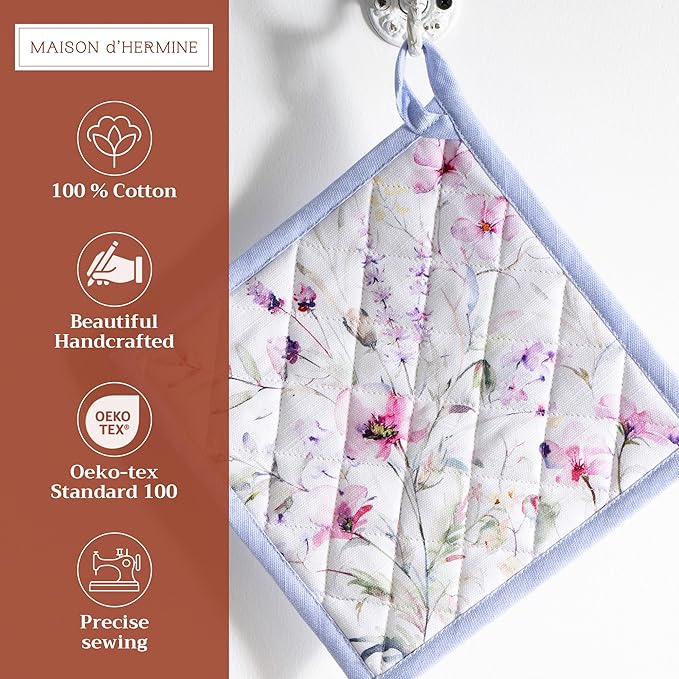 Maison d' Hermine Pot Holders 100% Cotton Heat Resistant Potholders 8" x 8" Hot Pads with Loop BBQ, Cooking, Baking, Grilling, Kitchen, Handling Hot Pans Spring/Summer (Pack of 1, Summer Floral)