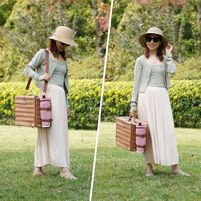 Picnic Basket for 2, Picnic Baskets with Waterproof Blanket, Picnic Hamper Set with Washable Beach Mat & Large Insulated Cooler Compartment, Handmade Natural Wicker Hamper for Camping, Outdoor Party