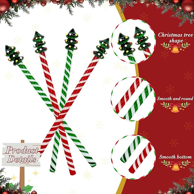Christmas Tree Glass Stir Sticks - 6.88" Cute Swizzle Stick for Coffee & Cocktails - Festive Red, Green& White Striped Design - Holiday Party Drink Mixers Essentials (4-Pack)