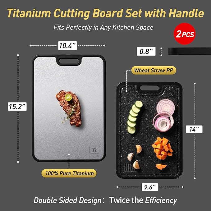 2 in 1 Pure Titanium Cutting Boards for Kitchen Chopping Board with Handle Large Big Small Kitchen Meat Butcher Block Not Stainless Steel Wood Bamboo Glass Rubber Plastic Silicone Acrylic Teak Sink