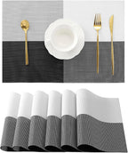 Leetaltree Gray with White Grid Pattern Placemats Set of 6 - Heat Resistant Non-Slip Place mats for Dining Table, Washable Durable PVC Vinyl Woven Table Mats（Grey Grid, 6）