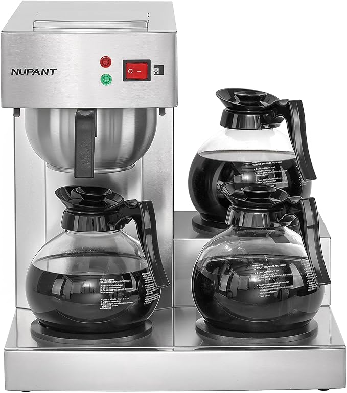 12 Cup Commercial Coffee Maker, Manual Filling Drip Coffee Maker Machine with 3 Glass Carafes 3 Warmers, Stainless Steel Pour Over Coffee Brewer with Hot Water Supply for Restaurant Office Cafe