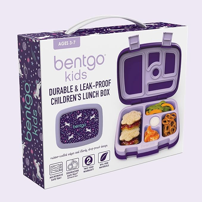 Bentgo Kids Prints Leak-Proof, 5-Compartment Bento-Style Kids Lunch Box - Ideal Portion Sizes for Ages 3-7, Durable, Drop-Proof, Dishwasher Safe, & PFAS & BPA-Free Materials (Unicorn)